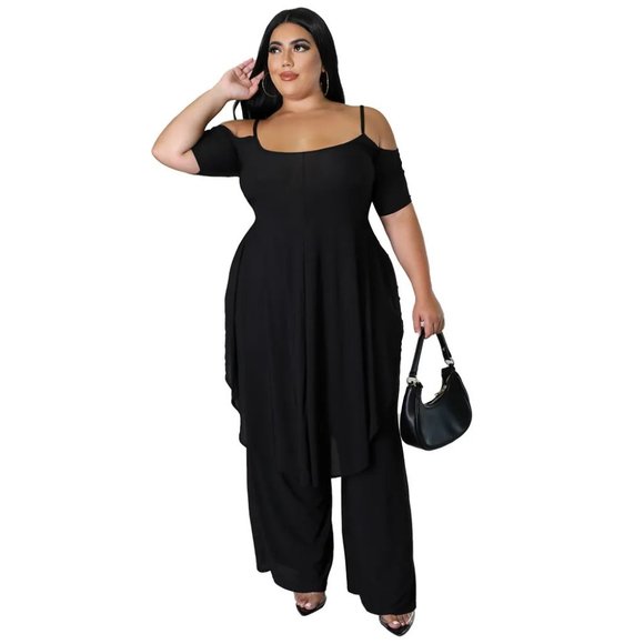Women Solid Color Short Sleeve Off Shoulder Top And Wide Leg Pants Two-Piece Set - Picture 3 of 16